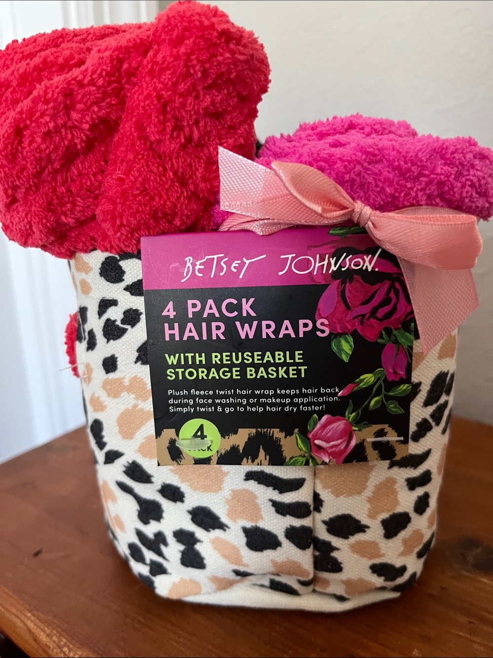 Betsey Johnson Plush Hair Wraps - 4 Pack with Reusable Storage Basket NWT